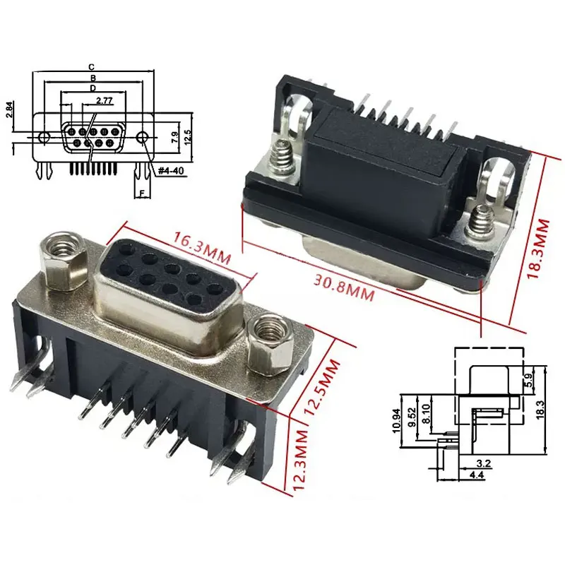 3/5/10PCS DR9 Hole/Pin Female/Male Right Angle Welded D-Sub 9 Pin Connector RS232 Connector 90 Degree Bent Needle DB9 DR9