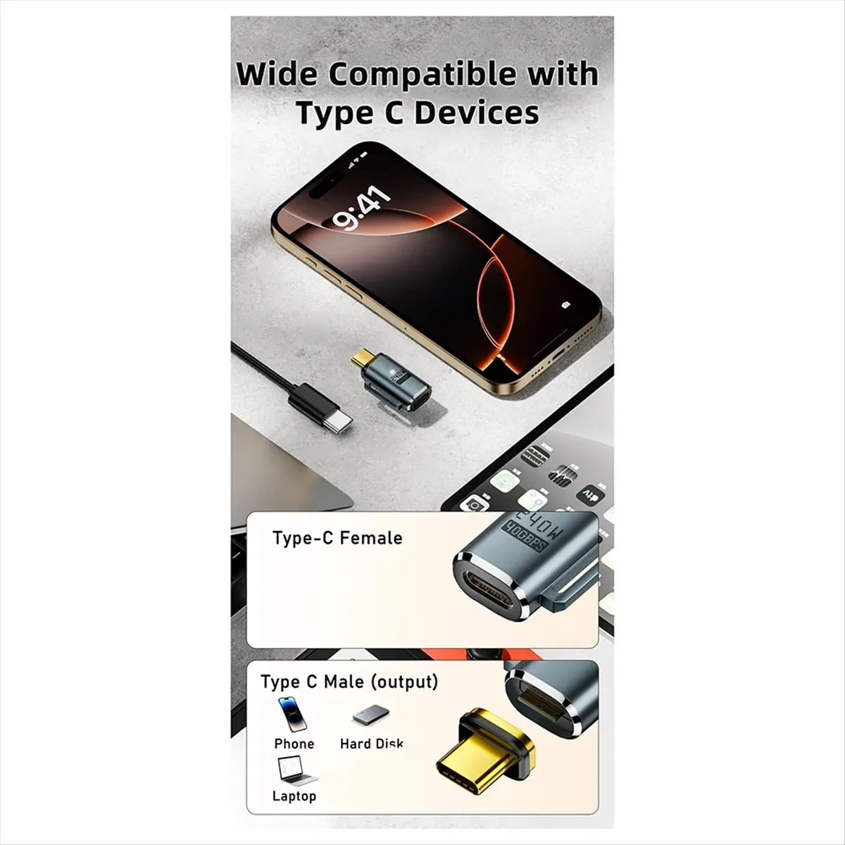Hot Sale Fully Function 240w Magnetic Suction Adapter Type-C Male Orbit Female Magnetic Suction Black