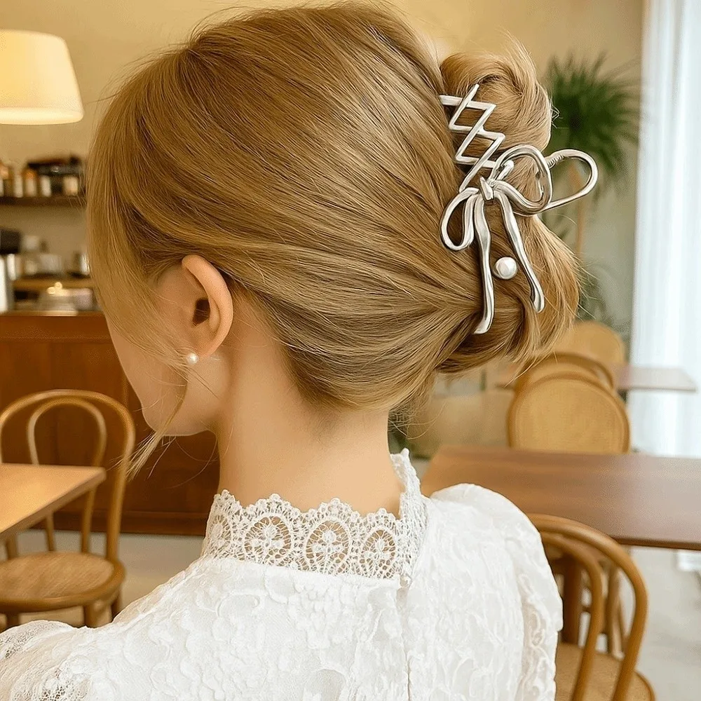 Cinta de aleación creativa, pinza para el pelo con lazo, lazo de perla Vintage, tocado, horquilla de Ballet plateada, accesorios para el cabello