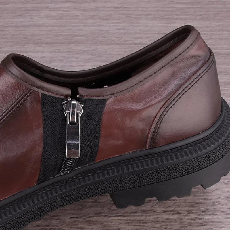 Vintage Genuine Leather Men\'s Casual Shoes Summer Perforated Roud Toe Thick Bottom Loafers British Style Side Zip Disnger Flats