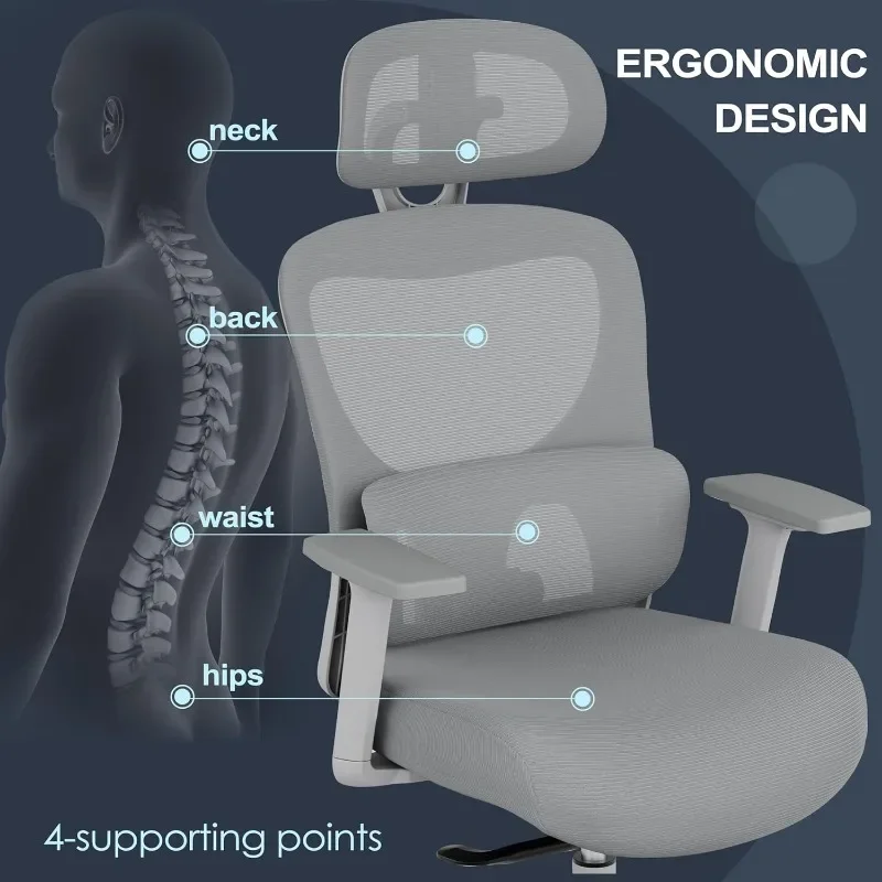 Chaise de Bureau Ergonomique avec Support Lombaire Réglable, Accoudoir 3D, Repose-Sauna, Dossier Inclinable à 4 Niveaux, pour la Maison