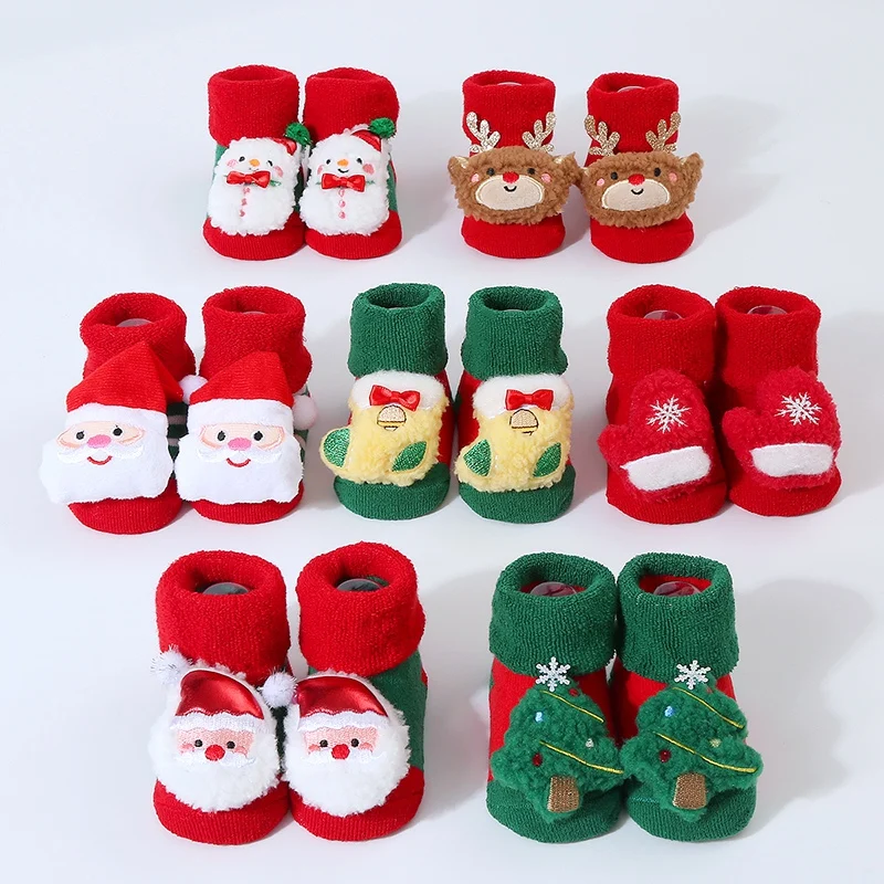 

Winter Baby Sock Winter Cartoon Elk Tree Christmas Red Thick Warm Stocking Infant Anti-slip Floor Terry Sock Christmas Gift