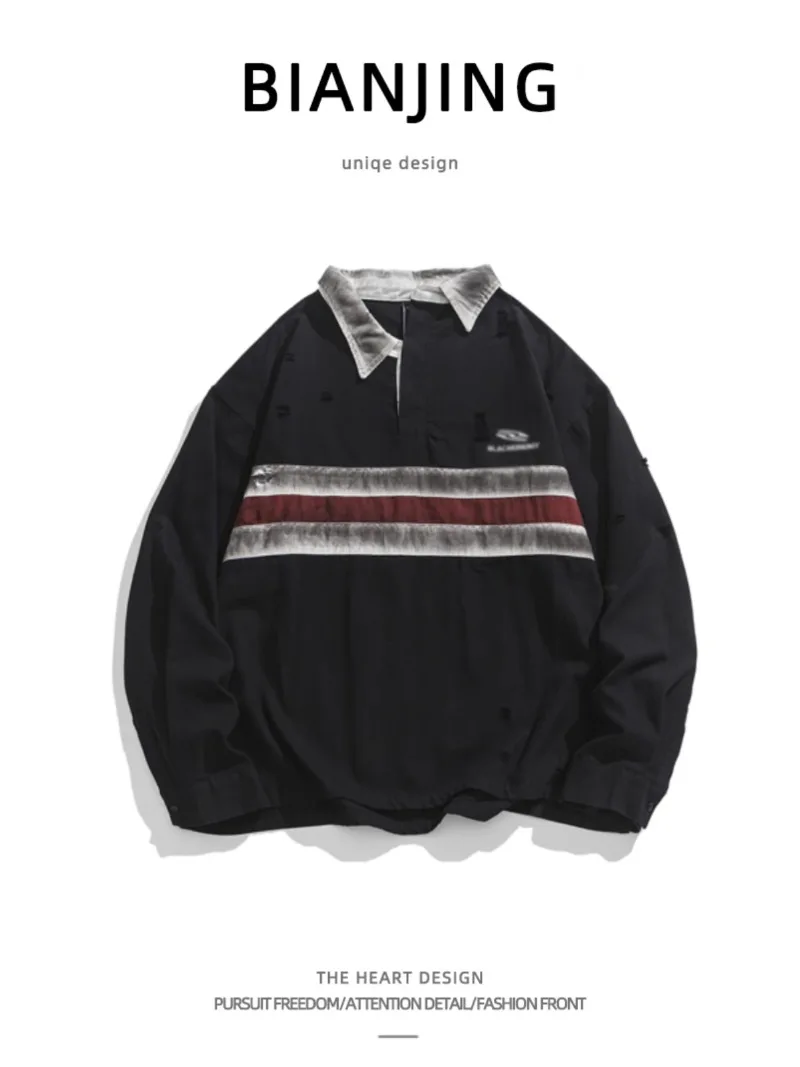 

Juspinice Trendy Retro Patchwork Irregular Design POLO Collar Hoodie Men Ins Loose Dirt Style Ripped Hole Top Male Clothing