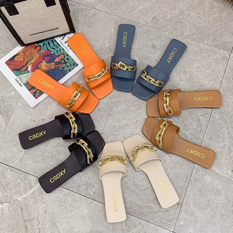 New Chain Women Slippers Summer Flat Outdoor Luxury Square Toe Design Sandals Women Slides New Korean Trend Plus Size 35-42