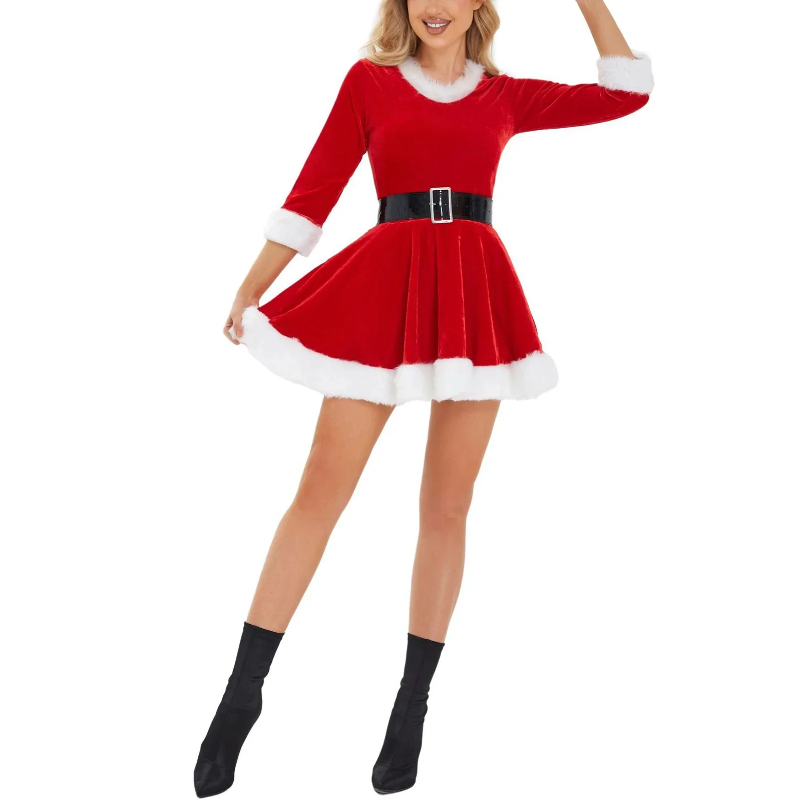 Women Christmas Dress Santa Cosplay Dress Plush Trim Velvet Round Neck 3/4 Sleeve Belt Dress with Hat Costume Streetwear