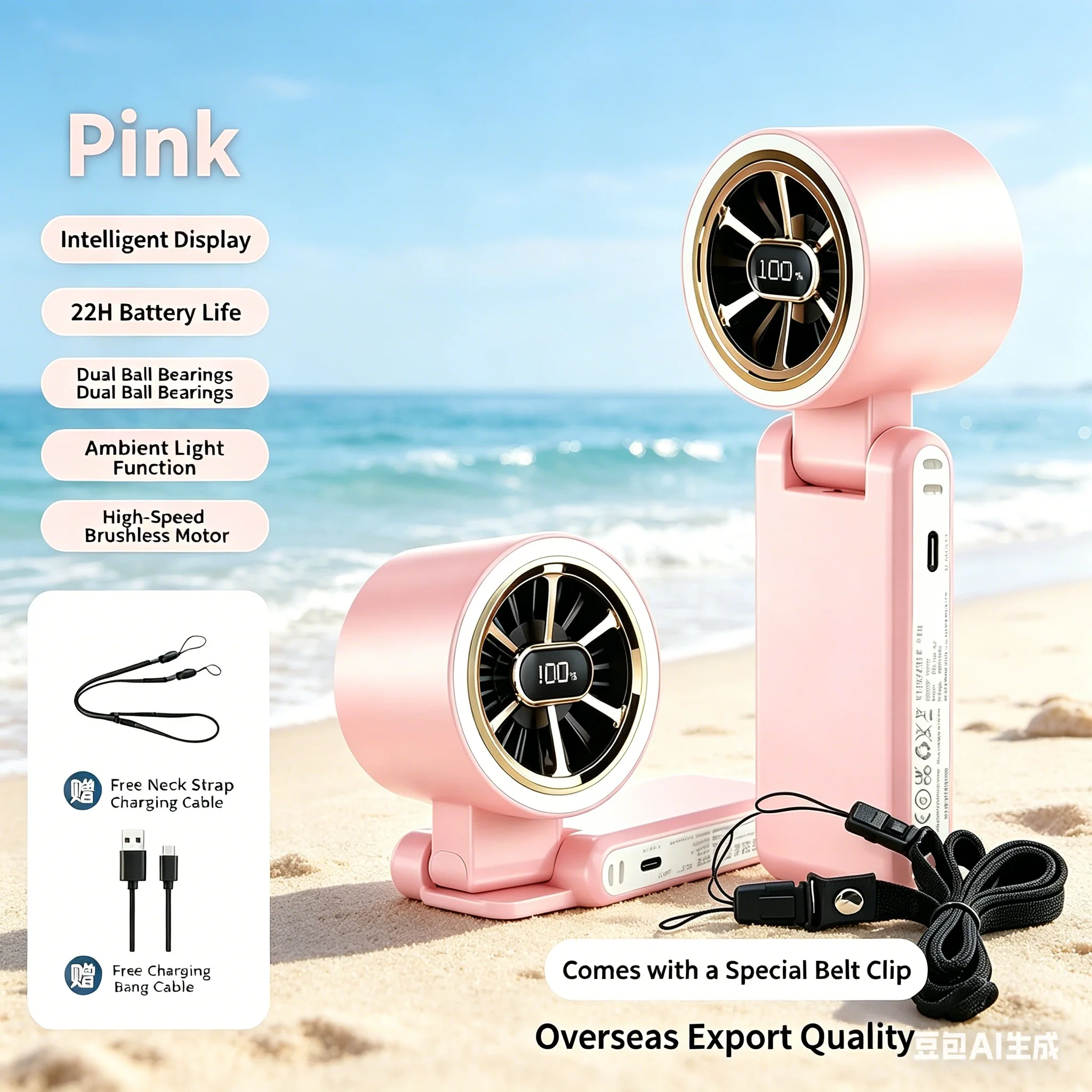 

Fan-Handheld/Waist Clip/Neck-Wear Fan, 5-Speed Adjustment, 5000mAh Battery, 20-Hour Extended Run Time (Pink）