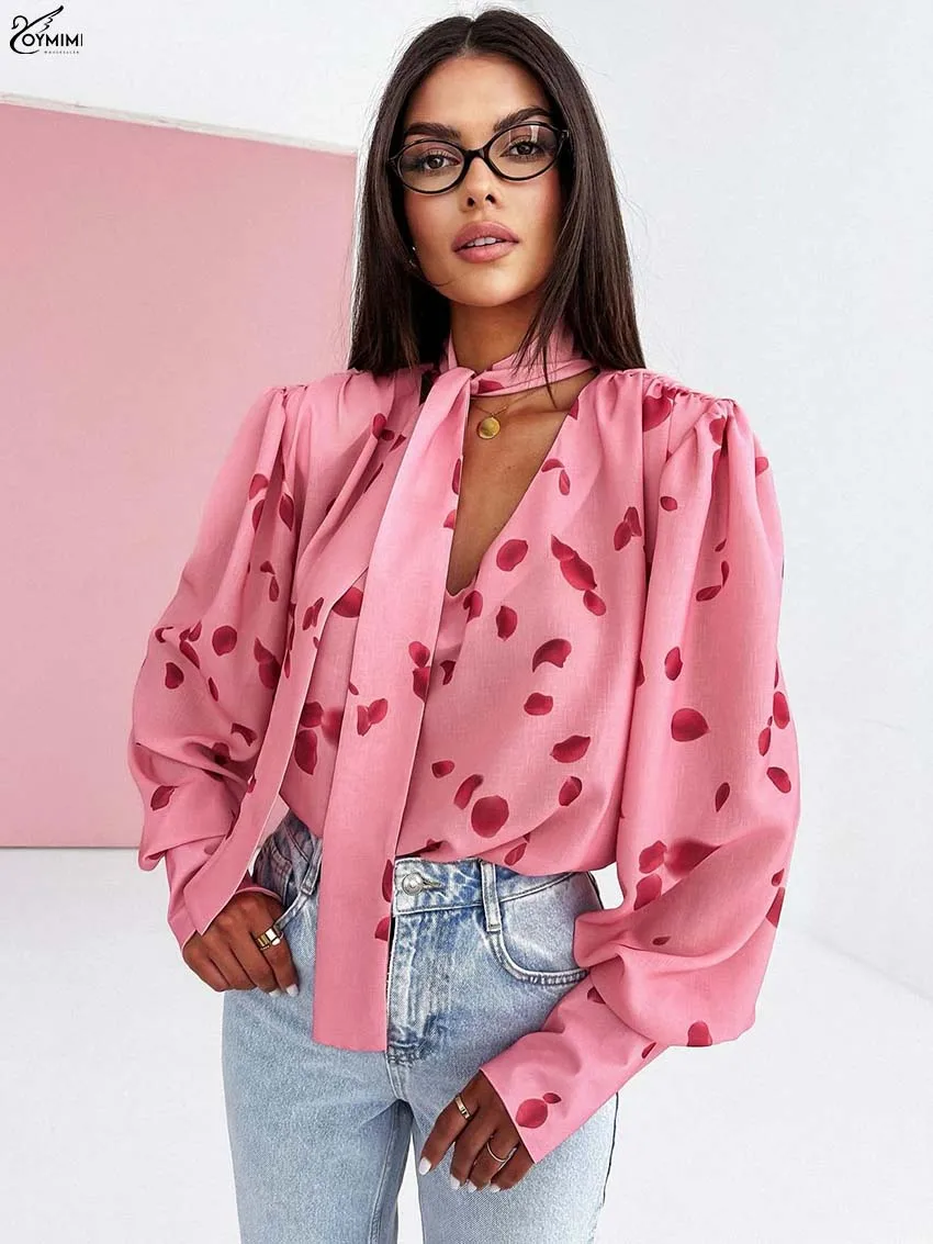Oymimi Fashion Pink Print Women's Blouse Elegant V-Neck Long Sleeve Lace-Up Blouses Casual New Loose Blouses Female Clothing