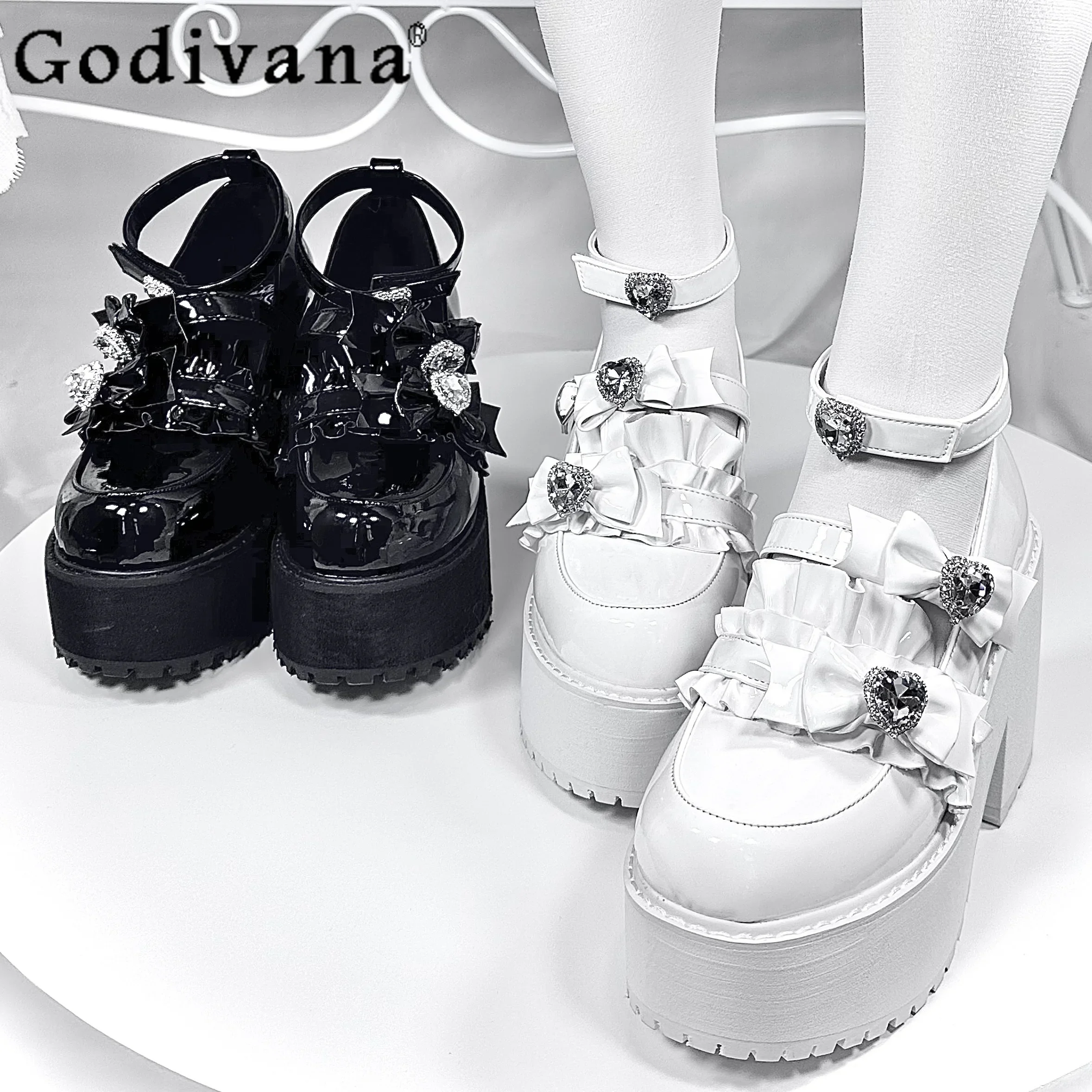 Mine Series Lolita High Heels Women's Japanese Mass-produced Bow Love Rhinestone Mary Jane Shoes Waterproof Platform Heels