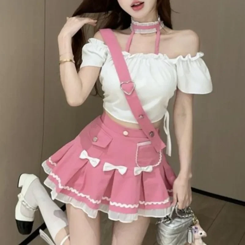 

Sweet Cool Spice Girl Sexy 2 Piece Sets Hanging Neck Strapless Drawstring Top Strap Ruffled Butterfly Short Skirt Suit 2025