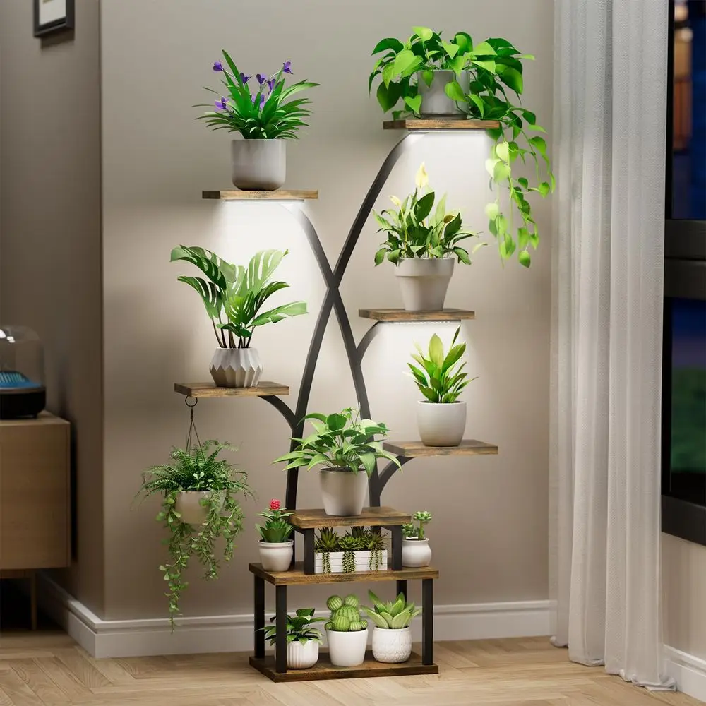 

Stand with Grow Lights 8 Tiered Indoor Plants Stand, 50 Lighted Corner Plant Shelf Metal TreeShaped Flower Holder for Indoor Gr