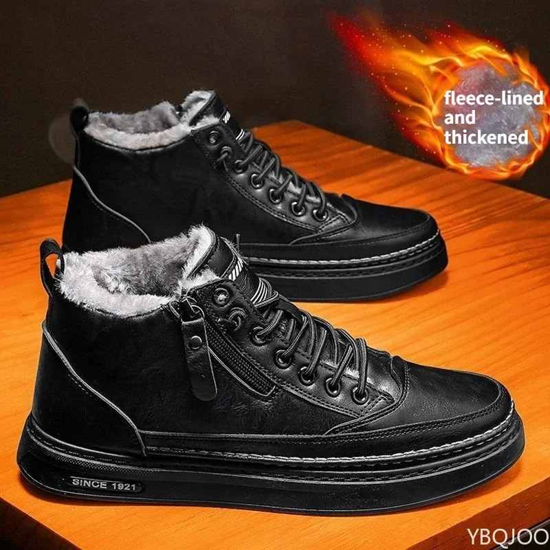 

Large size winter fashion with thick fleece and warm men's short boots trendy and casual high top flat bottomed men's boots