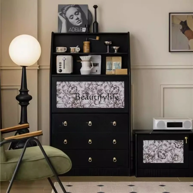 

French retro solid wood chest black antique living room household dining side storage cabinet