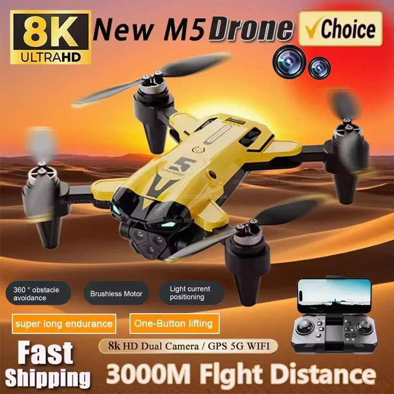 M5 Drone Professional 8K Wide Angle HD Triple Cameras WiFi FPV Height Hold RC Quadcopter For Kids Adults Aerial Photography Toys