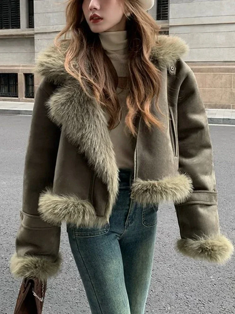 Winter Warm Faux Suede Leather Jacket Women High Street Irregular Biker Zipper Leather Jacket Streetwear Cropped Leather Coat