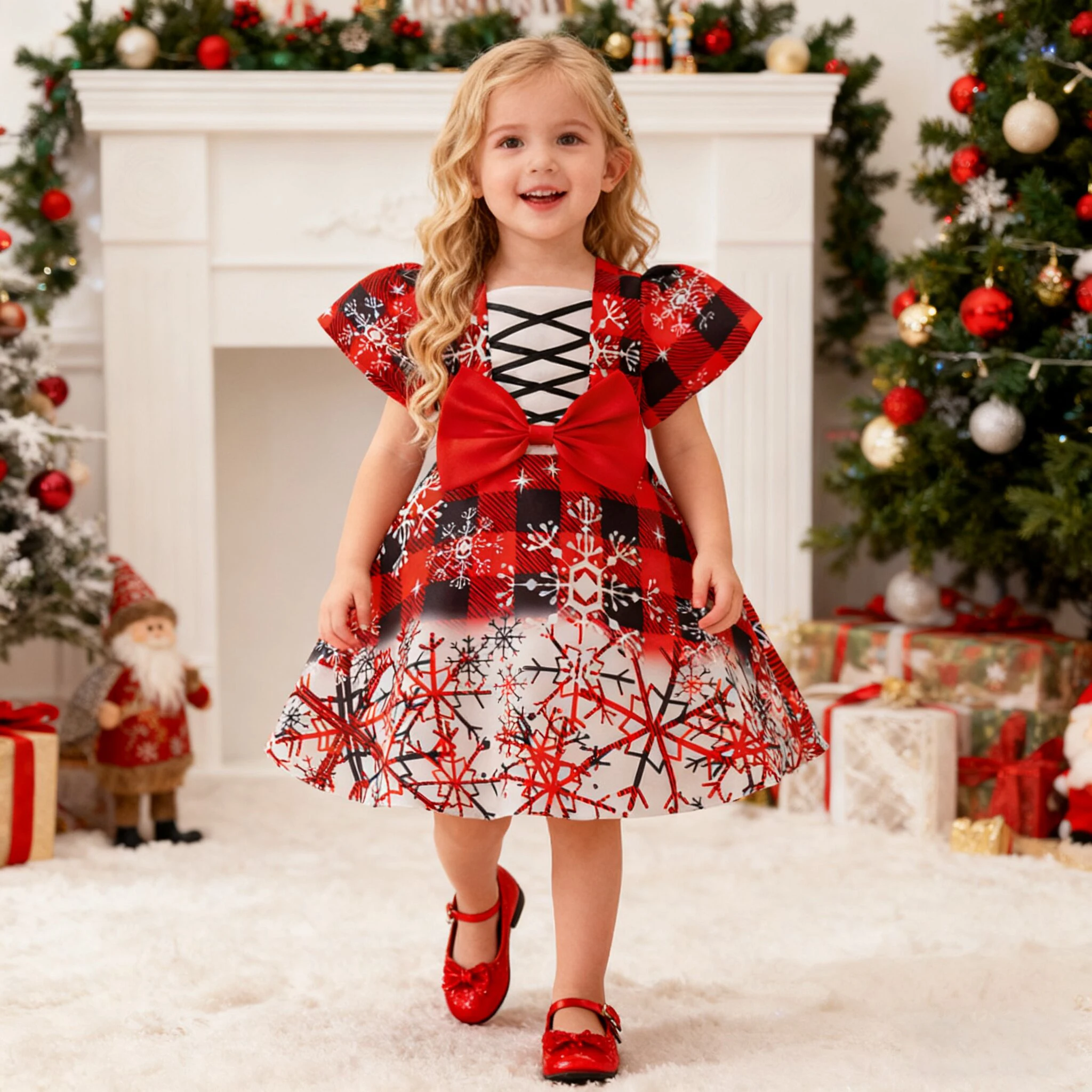 

Baby Snowflake Christmas Printed Party Girls Dress Toddler Big Bow Pageant Girl Tutu Dresses Baby Santa Claus Carnival Costumes