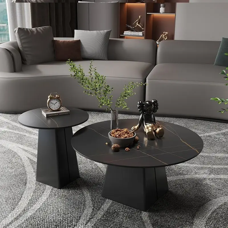 Light luxury modern round rock slab coffee table combination living room household small apartment
