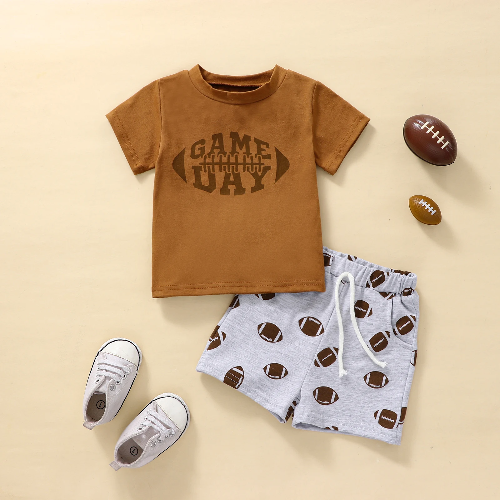

Toddler Baby Summer Clothes 2 Pcs Set Short Sleeve Letter Print T-shirt Rugby Pattern Shorts Children's Clothing Sets