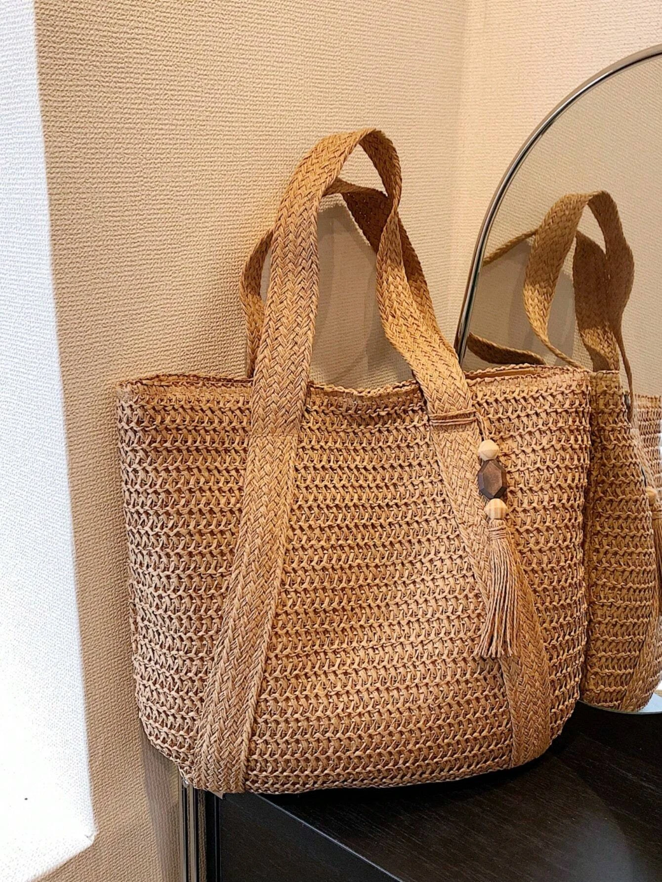 Sac fourre-tout de plage tissé à la mode pour femme, style bohème, sac initié décontracté, pendentif pompon, grande capacité, sac en paille