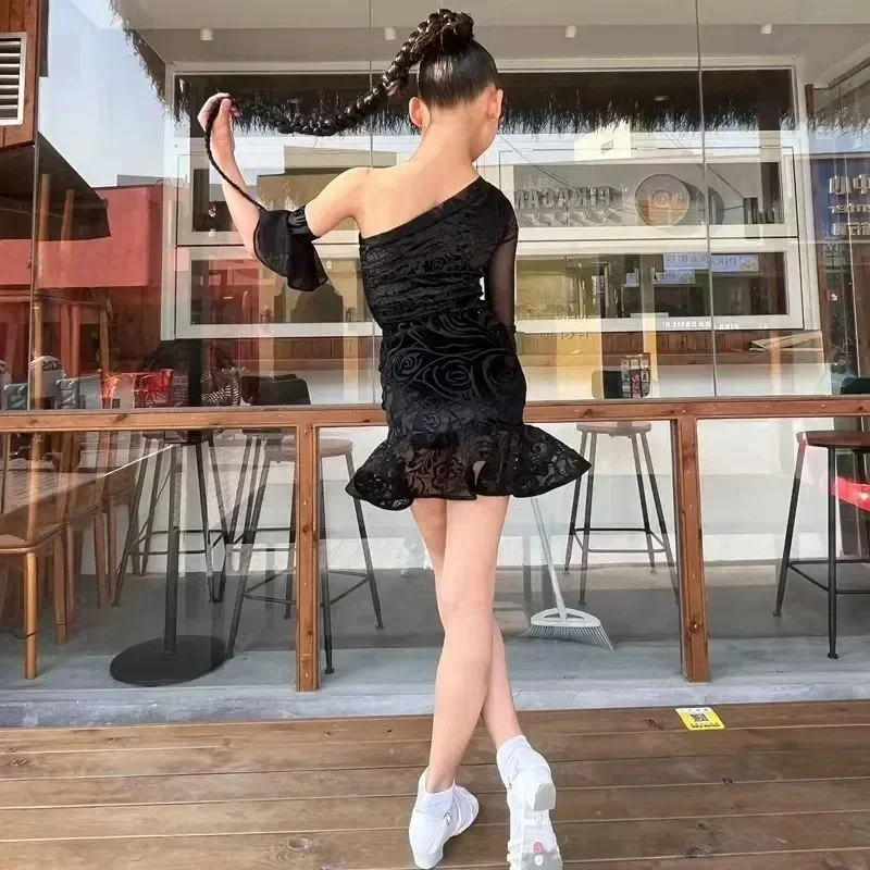 Black Tops Skirts Suit Girls Rumba Children'S Latin Dance Dress Professional Dance Training Costumes