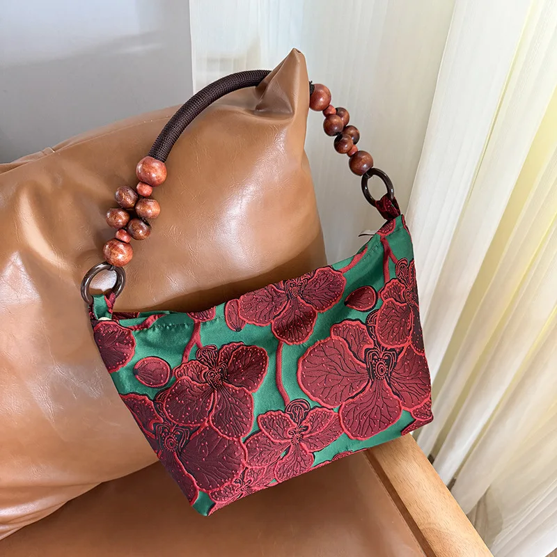 vintage Underarm Bag Jacquard Color Contrast Fashion Zip Shoulder Bag Chinese Style with Cheongsam Casual Lightweight Tote Bag