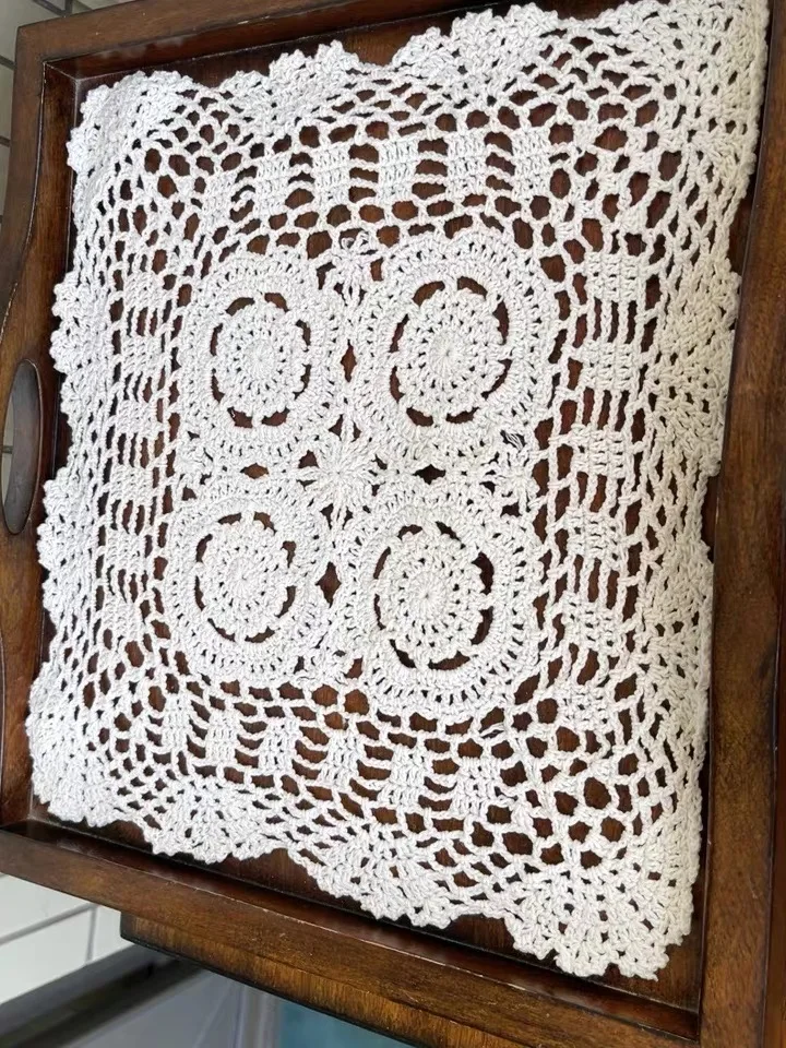 Vintage Handmade Crocheted Cotton Lace Placemat Romance Table Cover Hollow Woven Forest Pastoral Table Cover Square Tablecloth
