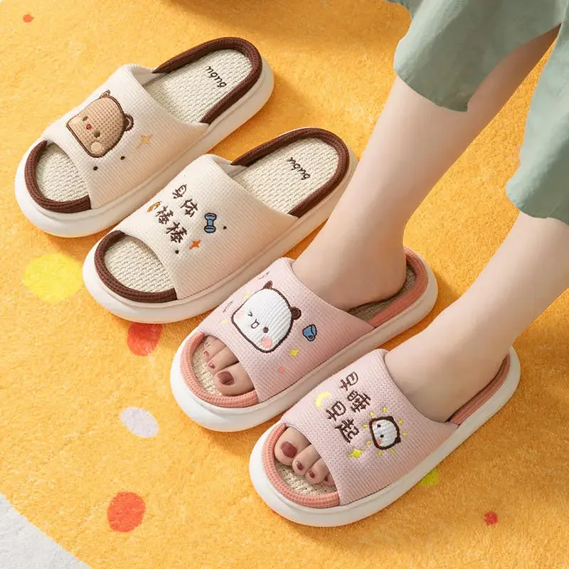 Bubu And Bubu Panda Women Slippers Home Outdoor Couple Shoes Mitao Cat Linen Leisure Non-Slip Thick Sole Summer Breathable Cool