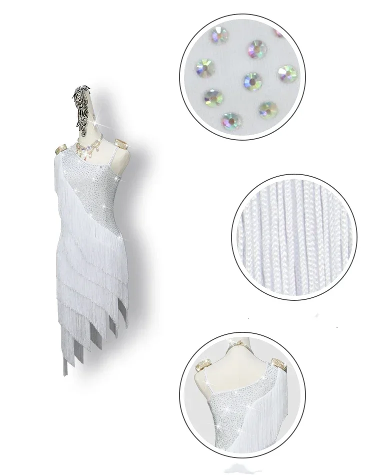 Latin Dance Dresses For Ladies White Fringe Skirt Women Stage Ballroom Compete Costumes Latin Dress