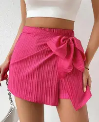 Women's Fashionable Simplicity High Quality Shorts Pink Bowknot Decor Casual Textured High Waist Skorts Fresh and Sweet Style