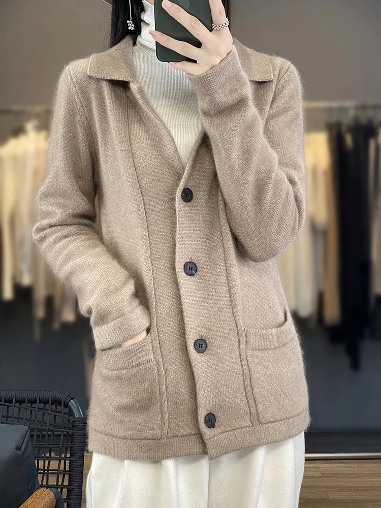 

Women Long Style Thick Sweater Coat Autumn Winter Basic Casual Loose Cashmere Cardigan Turn-down 100% Mink Cashmere Knitwear