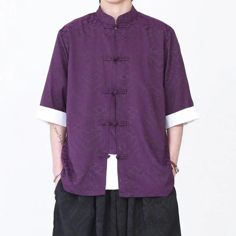 chemise-homme-jacquard-motif-Ecailles-de-poisson-col-mandarin-boutons-grenouille-art-oriental-streetwear-coupe-ample-Ete-haut-decontracte-cadeau