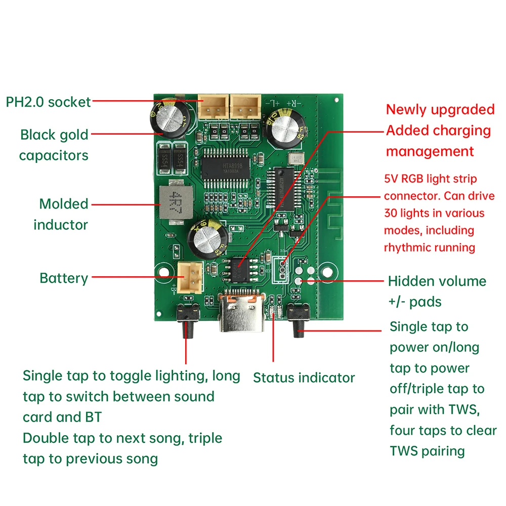 Papan Amplifier Stereo BT TWS Bertenaga Baterai DC5V/3.7V 2x10W Kanal Ganda Dapat Disesuaikan Dan Dapat Diisi Ulang