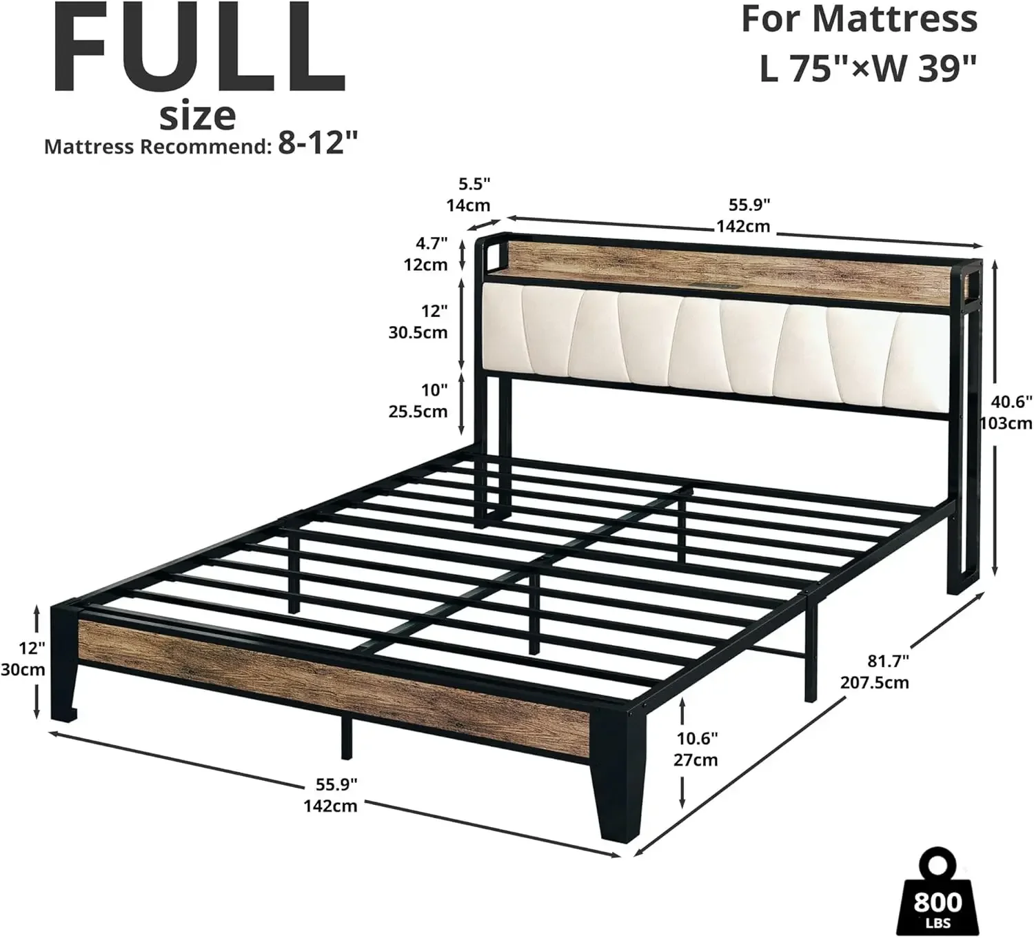 Full Size Bed Frame, Storage Headboard with Charging Station, Solid and Stable, Noise Free, No Box Spring Needed, Easy Assembly