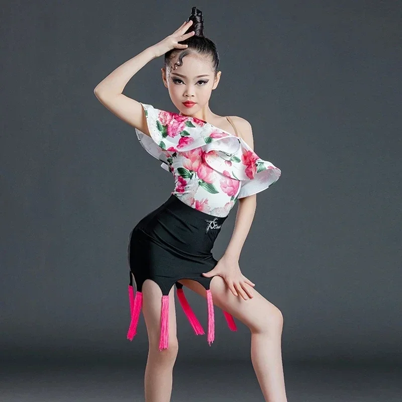 robe-de-danse-latine-a-manches-feuille-de-lotus-pour-filles-avec-franges-et-fente-tenue-d'entrainement-pour-enfants