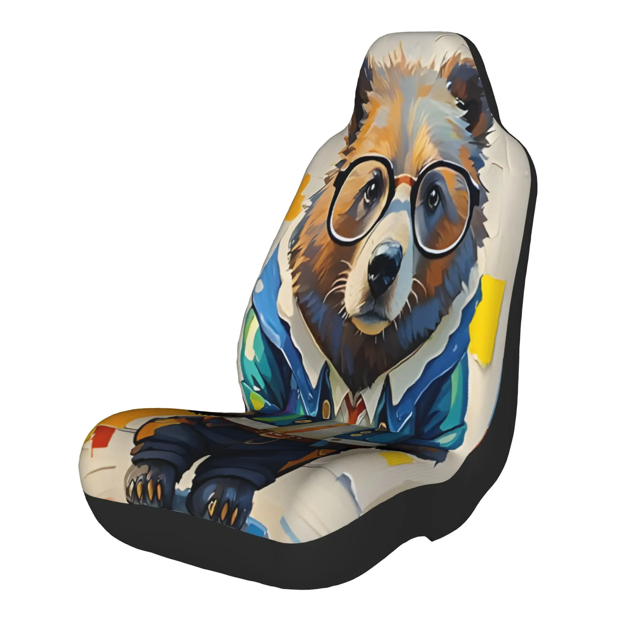 Set Of 2 Adorable Bear-Themed Car Seat Covers Featuring Glasses And A Colorful Jacket, Designed In A Lively Artistic Style. Perf