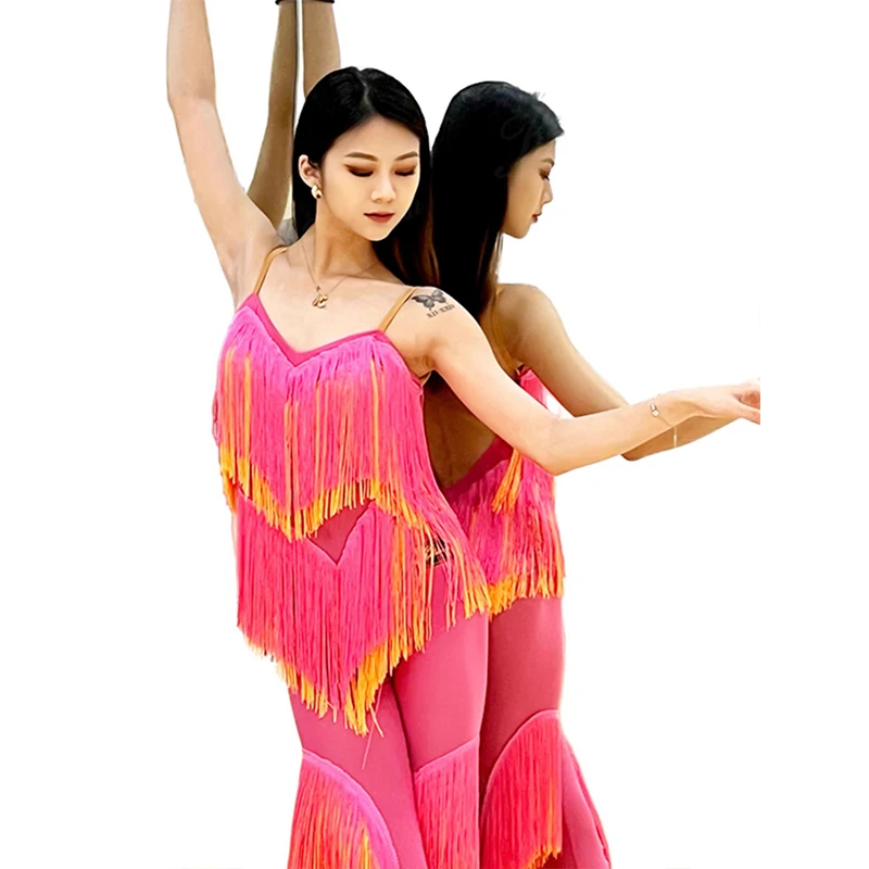 Pink Tassel Latin Dance Jumpsuit Women Cha Cha Rumba Performance Clothing Fringe Pants Latin Competition Clothes Adult DNV18019