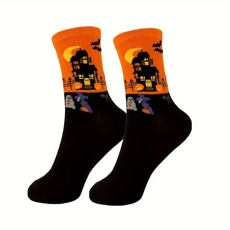 6pairs Halloween Style Men\'s Trendy Cartoon Bat Pumpkin Pattern Crew Socks, Breathable Comfy Casual Street Style Unisex Socks Fo