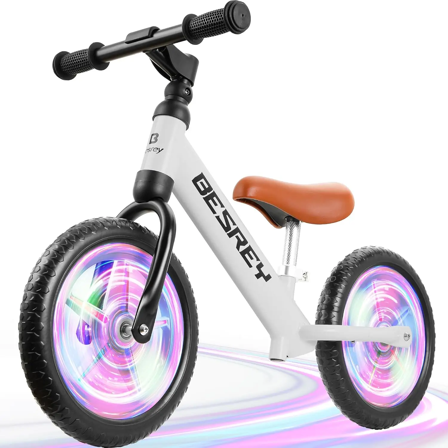 Bici da equilibrio con illuminazione colorata da 12 pollici per 2 anni, bici da equilibrio per bambini con robusta struttura in ferro, sedile regolabile con pneumatici piatti in EVA
