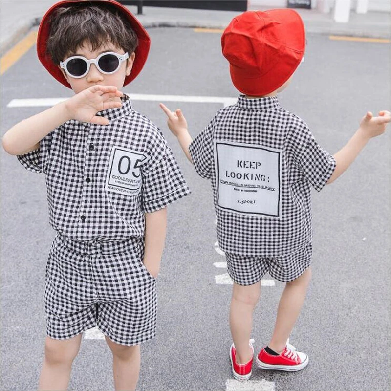 

Summer Boys Clothing Sets Children Plaid Suits Kids Boys Plaid Shirt+Shorts 2Pcs/Sets 2-7Yr Cotton Fashion Vacation Outfit