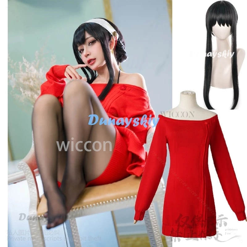 2024 Kerst Cosplay Anime FAMILIE Kostuum Yor Forger Vrouwen Sexy Lange Rode Breien Trui Lolita Jurk Pruiken Halloween Party