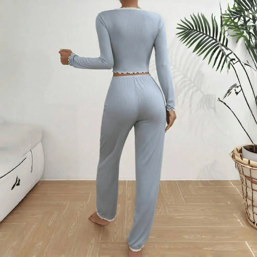 2 Pcs/Set Pajamas Women Top Pants Suit Lace Shirring Trim Sleepwear Cropped Top Pants Outfit Homewear Winter Pajamas Set