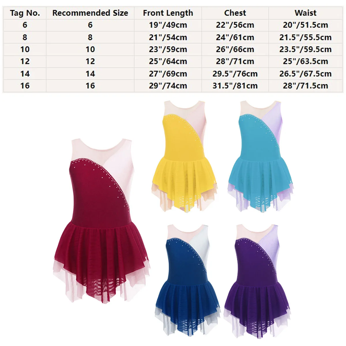 Shiny Rhinestone Figure Ice Skating Dress Kids Girls Sleeveless Mesh Tulle Gymnastics Leotard Ballroom Ballet Dance Costumes