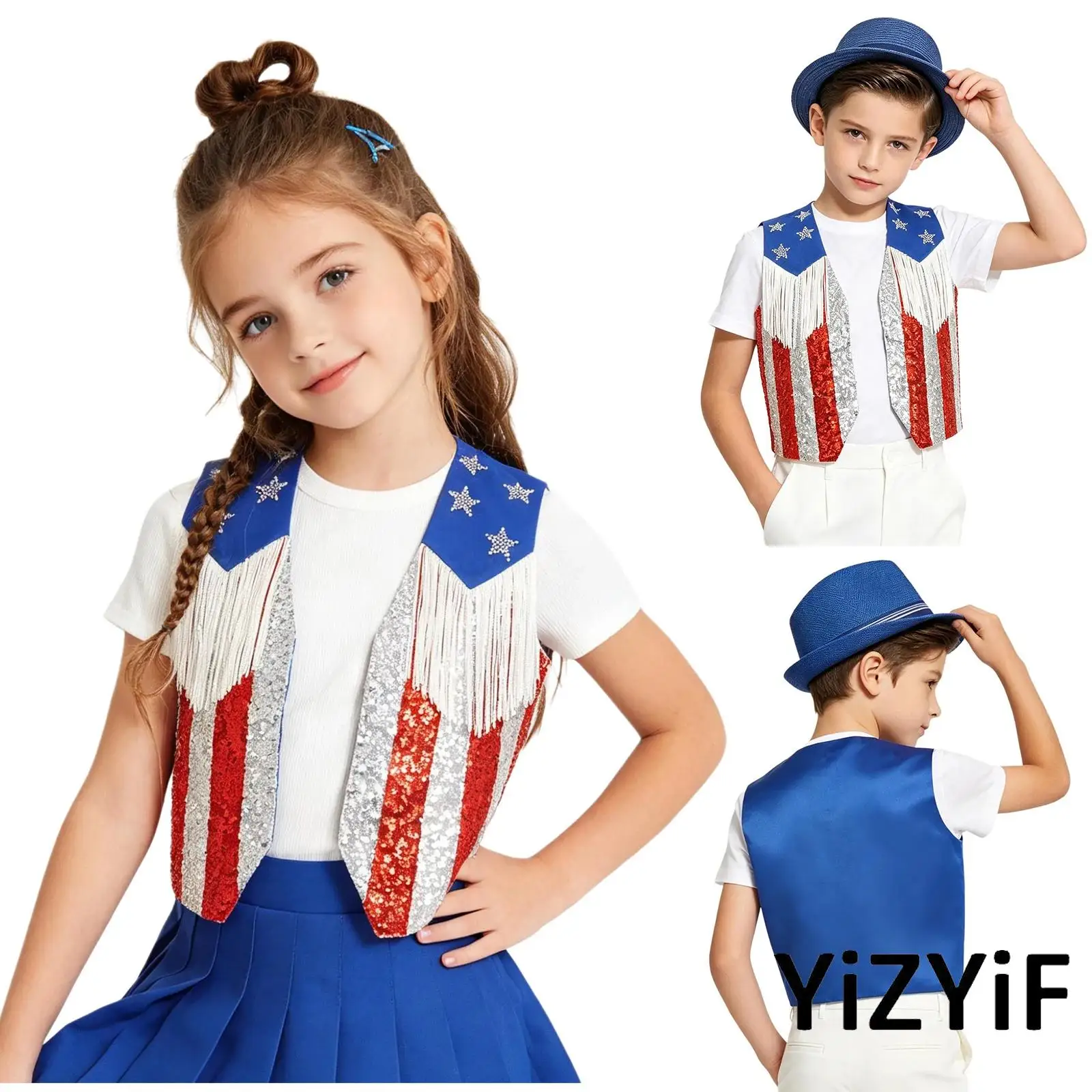 

Rhinestone Stars Sequined Ballet Vest for Kids Unisex Tassel Stripes Open Front Tank Top for Ballroom Dance Independence Day
