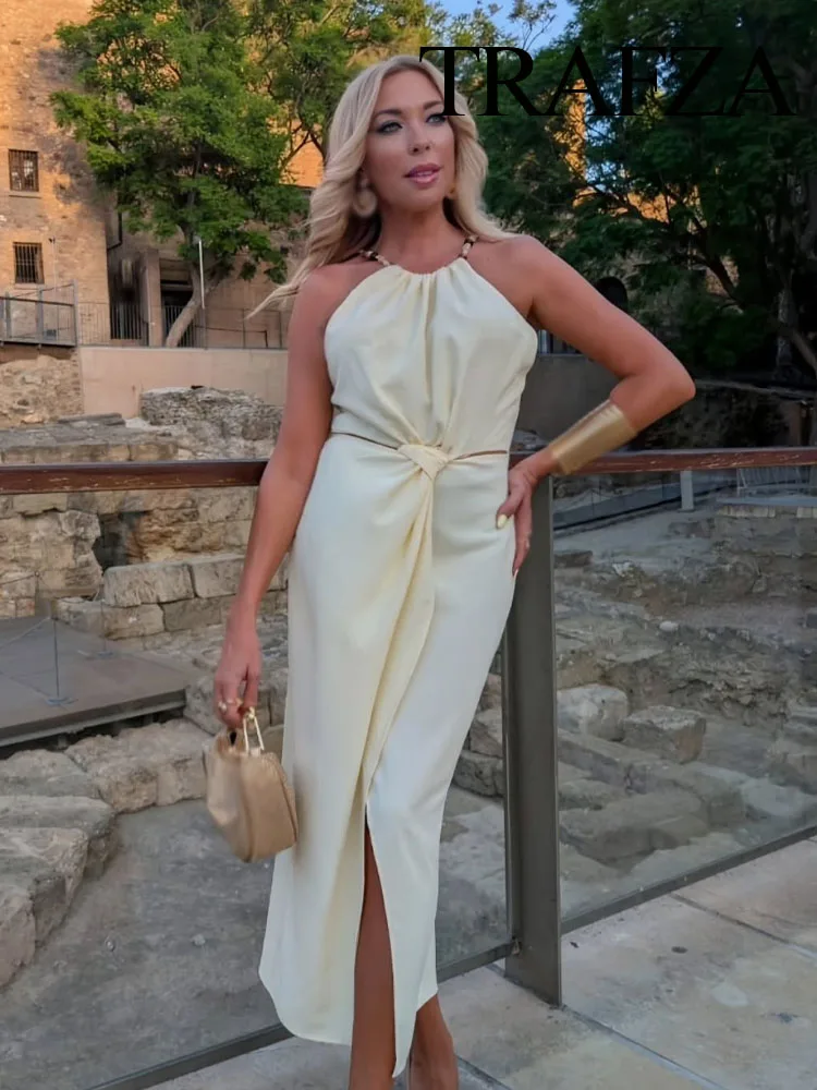 

HH 2025 Women Summer Long Dress Light Yellow O-Neck Hollow Out Beaded Decoration Zipper Female Fashion Sleeveless Dresses