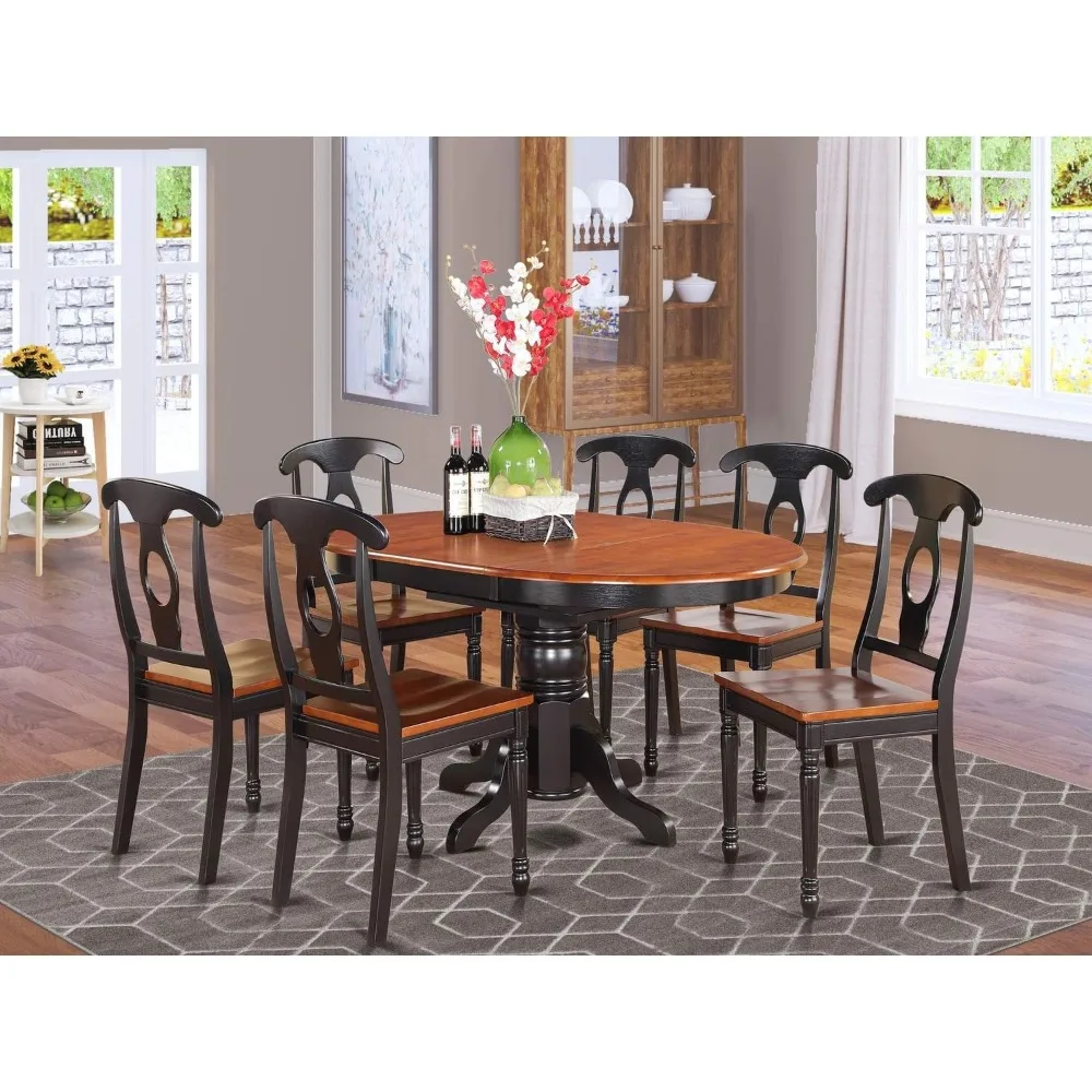 7 Piece Modern Dining Table Set Consist of an Oval Wooden Table with Butterfly Leaf and 6 Kitchen Dining Chairs, 42x60 Inch