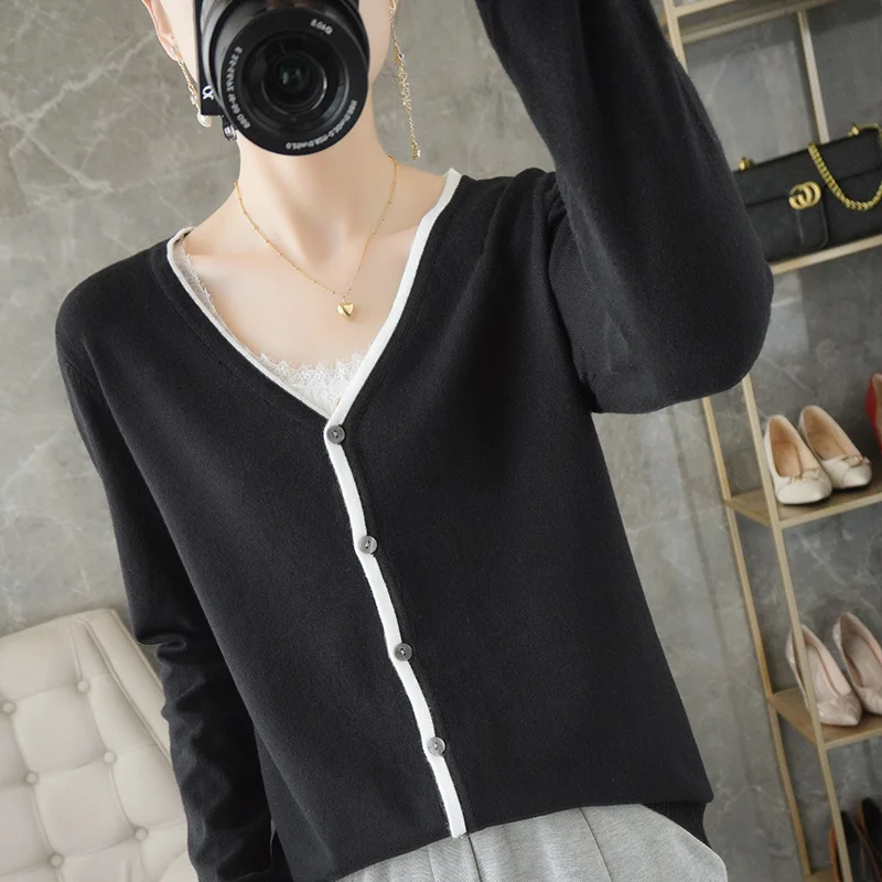 Women's Cardigan Spring Worsted Wool Knitted Sweater Casual Blouse Loose Ladies Tops V-Neck Single-breasted Splicing Jacket