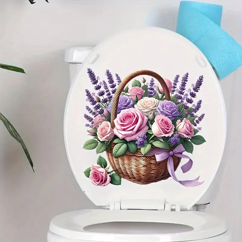 

MT1431# Floral Basket Toilet Lid Decal - Pink Roses & Purple Lavender with Green Foliage, Waterproof Bathroom Decoration Sticker