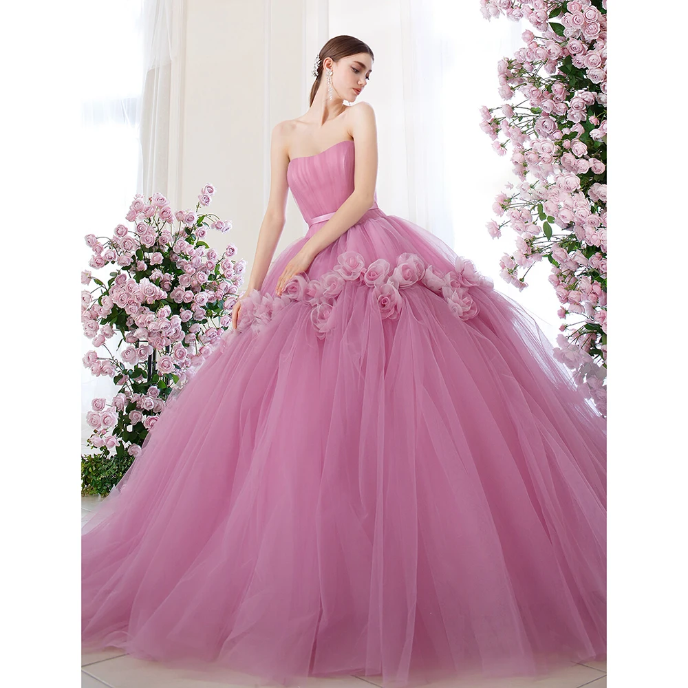 Elegante vestido sin mangas con flores 3D, vestido de fiesta de noche Formal, sin tirantes, rosa, largo hasta el suelo, tren de barrido