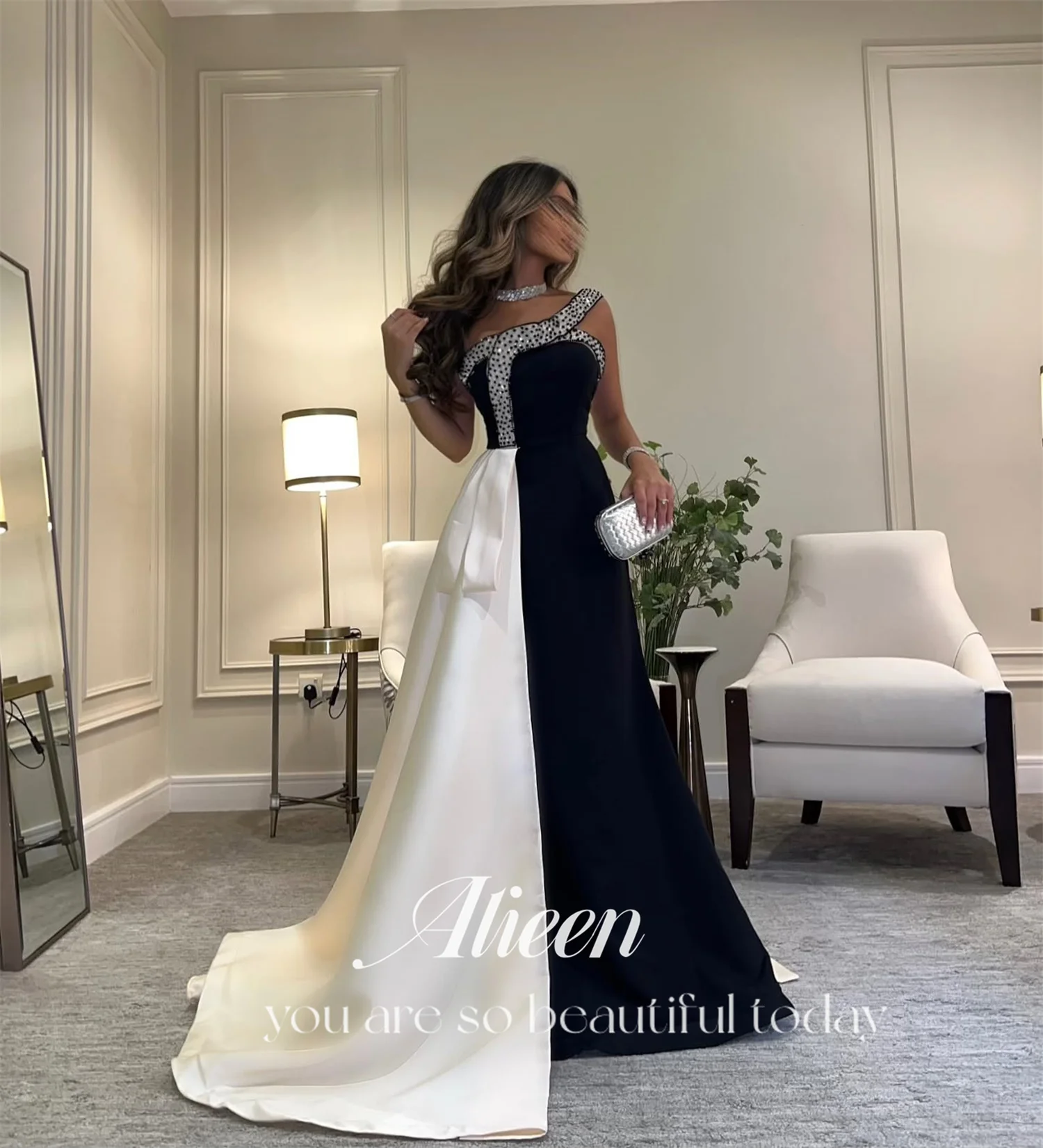 Aileen فساتين سهرة for Special Occasions Black White Dress Customized Elegant Evening Dress Woman Satin Stone Prom Dresses 2025