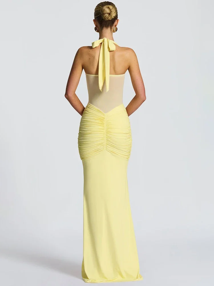 High Quality Backless Sexy Maxi Dress Women Fashion Patchwork Off-shoulder Sleeveless Ruched Draped Bodycon Club Party Dress