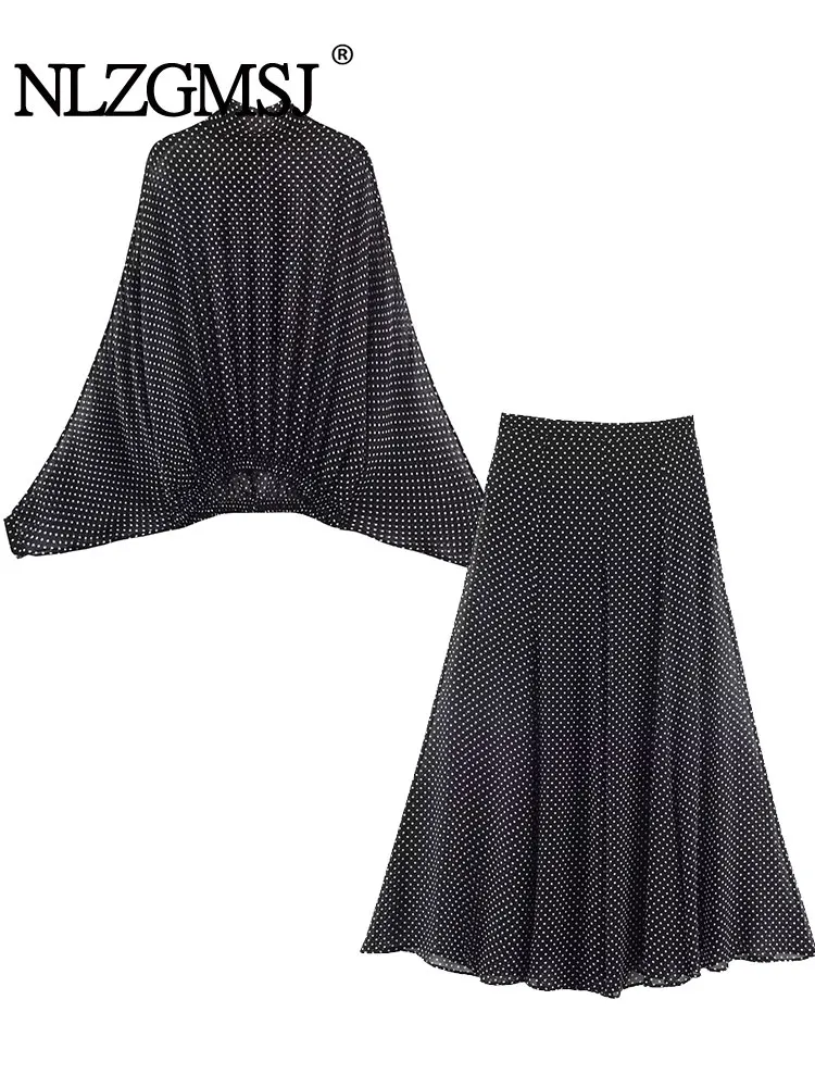 NLZGMSJ 2026 Frühling Polka Dot Gedruckt Midi Röcke Zwei Stück Sets für Frauen Chic Fliege Gebunden Bluse Top Anzüge Frau 2 stück Outfits